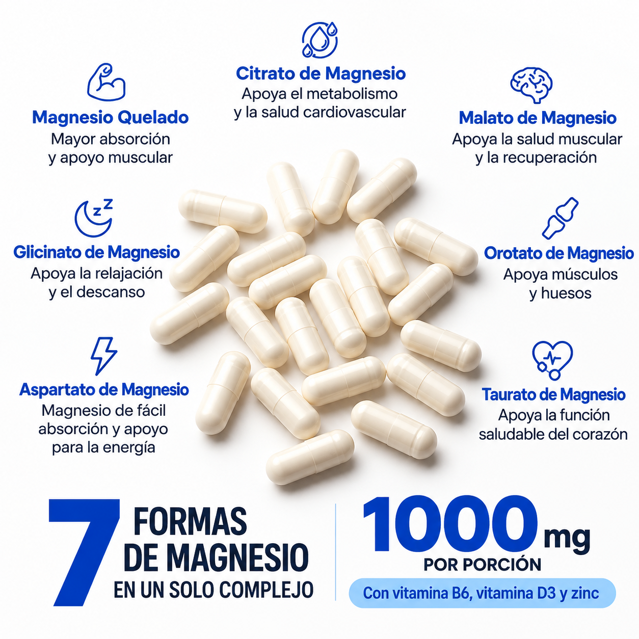Vitara Magnesium Complex 7 – Simplifica tu Rutina | 60 cápsulas